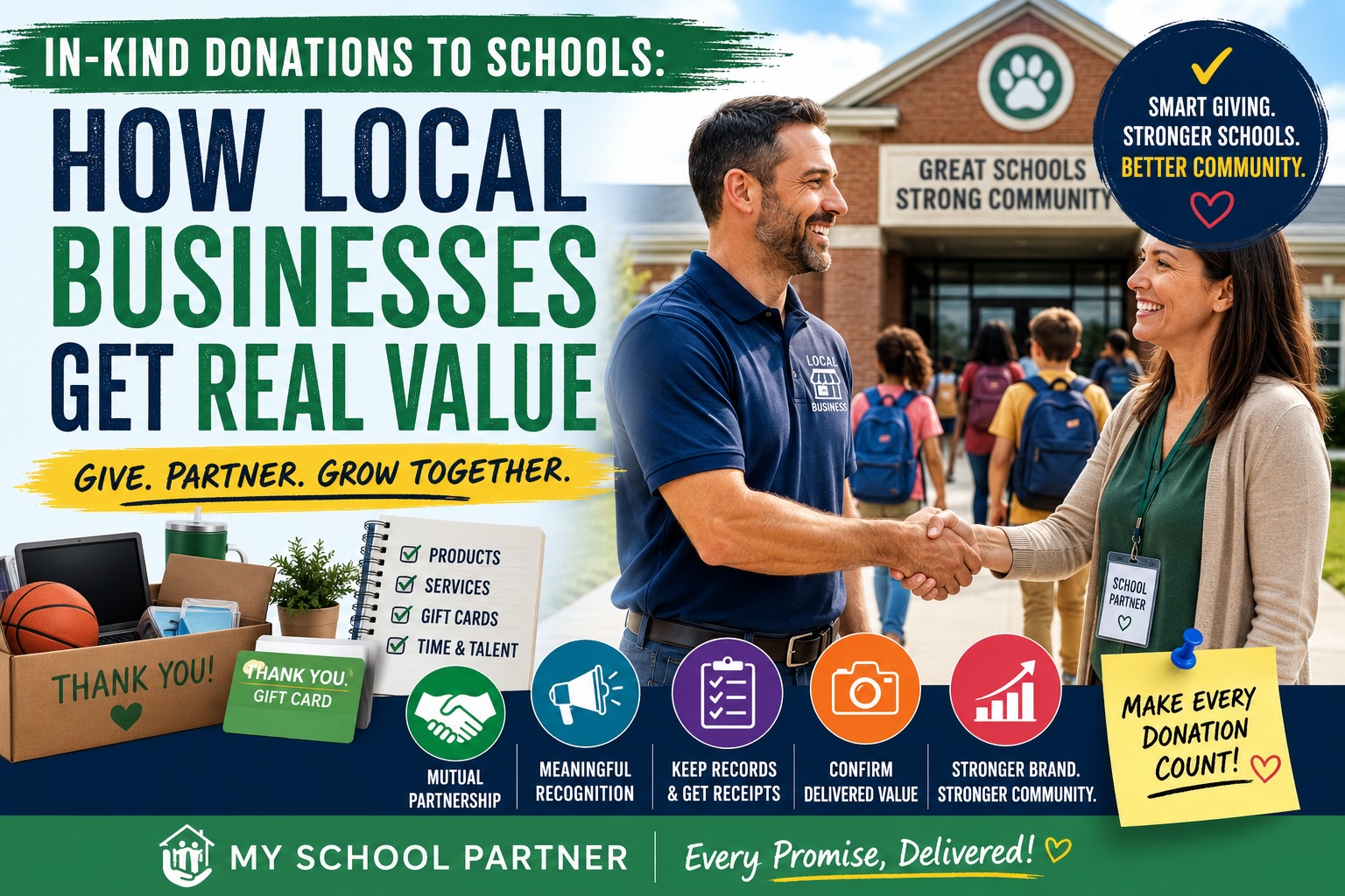 A local business owner donating product to a nearby school.
